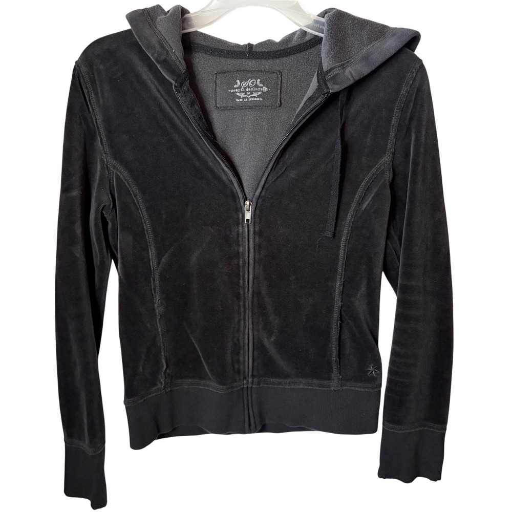 SO Y2K Zip Up Hoodie Womens M Velour Black 2000s Streetwear McBling Elle Woods